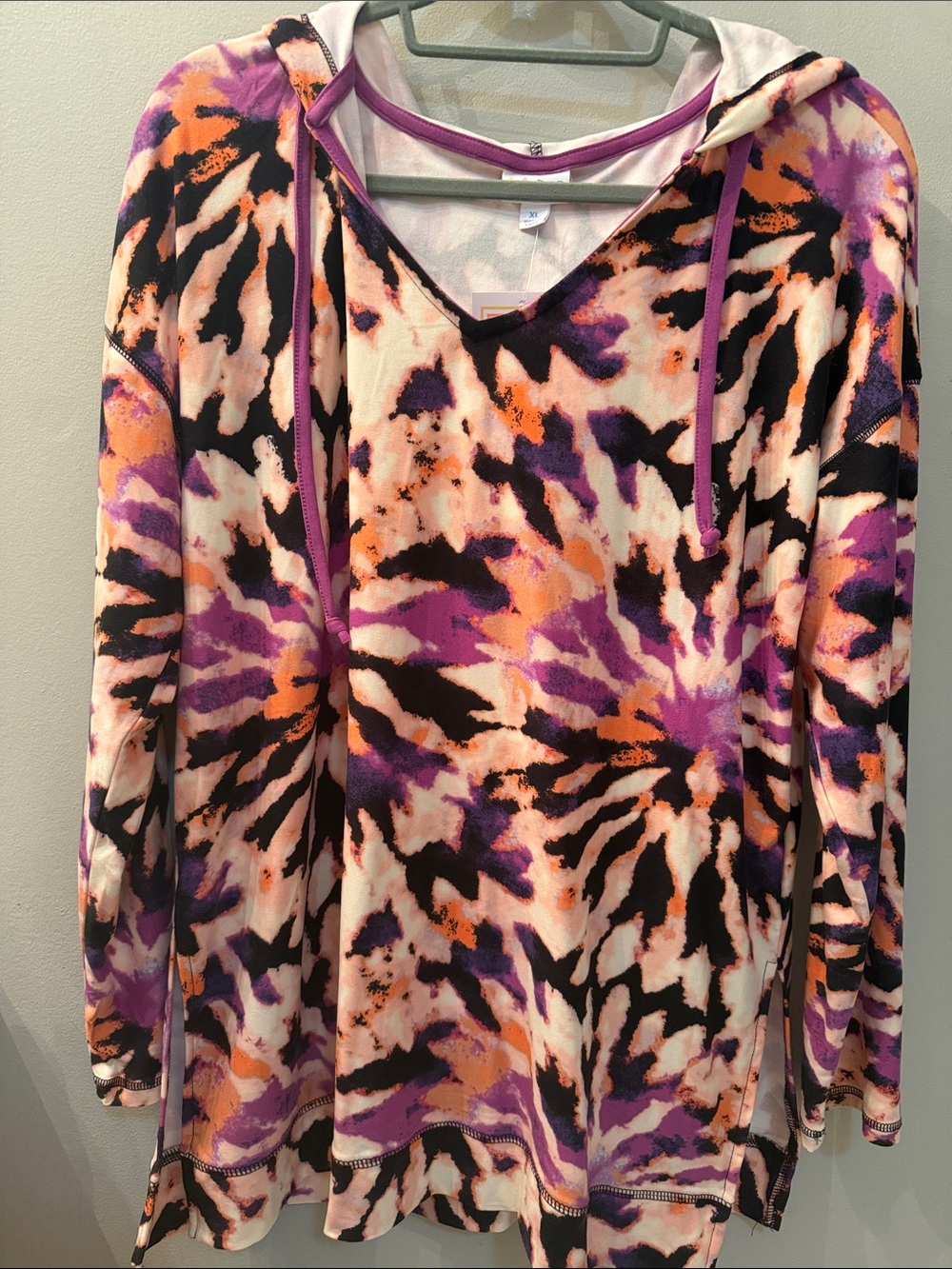 LuLaRoe Tie-Dye V-Neck Hoodie Eliza in Purple, Orange & Cream